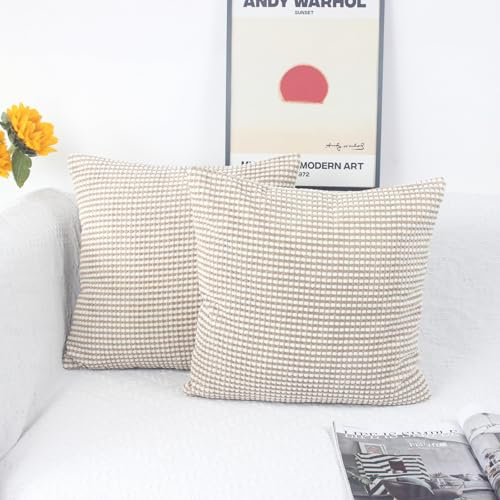 OYIMUA Boho Kissenbezug 50x50 Beige 2er Set Weich Kordsamt Kissenbezüge Sofakissen Deko kissenhülle Moderne Dekokissen Couchkissen Patchwork Design Kissen Aesthetic Zierkissen Wohnzimmer