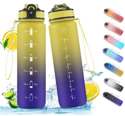 NAVTUE Water Bottle, 1L Sports Water Bottle with Straw, Time Markings, Leak Proof, Tritan BPA free for School/Cycling/Running (YellowPurple)