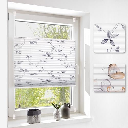 Buseu Plissee mit Blumenmotiv 90x130cm(BxH) Weiß Plissees Klemmfix ohne Bohen Blickdicht Faltrollo Lichtdurchlässig Rollos für Fenster ohne Bohren