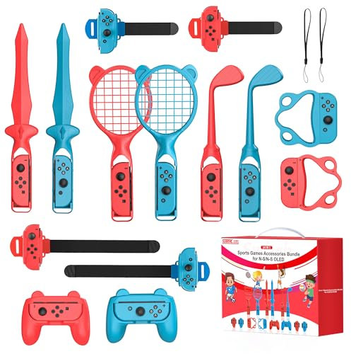 Switch Sport Zubehör Set Bundle, 14-in-1-Switch-Sportzubehörpaket für Nintendo Switch/Switch OLED, Familienzubehörset für Switch-Sportspiele mit Golfschlägern, Tennisschlägern, Schwertern