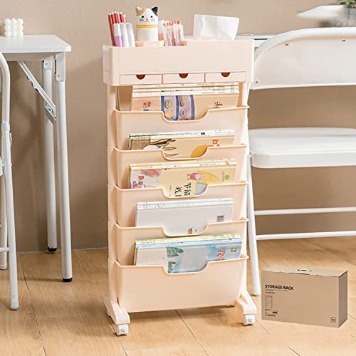 Bücherregalwagen mit 6 Ebenen, modernes freistehendes multifunktionales Bücherregal, dekoratives Lagerregal, Ausstellungsregale, hohes, schmales Bücherregal für das Schlafzimmer im Wohnzimmer oder B