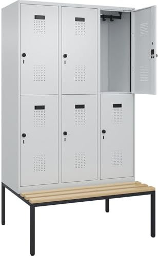 kaiserkraft | Doppelstock-Spind Evolo Plus Sitzbank | 3 Abteile | lichtgrau/lichtgrau | B 1200 mm | Sicherheits-Drehriegel | mit untergebauter Sitzbank | Buche