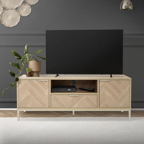 ML-Design TV-Schrank mit 2 Türen, Schublade, Ablage, 120x45x41,5cm, Fernsehtisch Eiche Optik mit Fischgrätenmuster, Metallgestell Gold, Fernsehschrank für Fernseher bis 55 Zoll, Wohnzimmer TV Lowboard