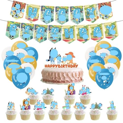 FAMILIO Blue Dog Birthday Party Supplies: 32pcs Decorations, Banner, Balloons, Cake & Cupcake Toppers, Blue Color