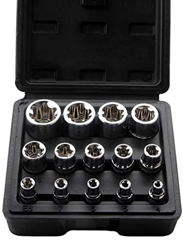 JTZXJJX Jeu de 14 douilles Torx E-Torx, 12,5 mm, 10 mm, 6,3 mm, jeu de clés à douille étoile externe, E4-E24, boîtier noir