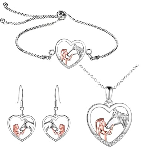 3 Stück Pferdmotiv Schmuckset Set für Mädchen,Herzanhänger Halskette,Armband & Ohrringe,Pferde Schmuck für junge Mädchen und Frauen,Eleganter Pferdeschmuck für junge Pferdeliebhaber für jeden Anlass