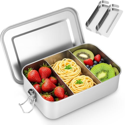 Cexovo 1400ML Fiambrera de Acero Inoxidable Fiambrera Metálica Lunch Box Hermetica con 2 Compartimentos, Sin BPA,Fiambrera Acero Inoxidable Compartimentos para Oficina,Escuela,Camping,Niños y Adultos