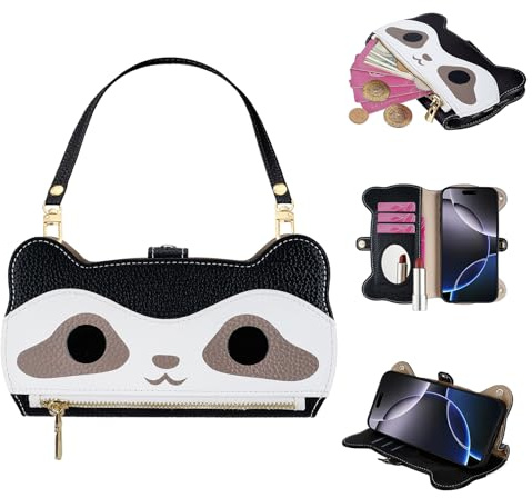 SINQERISHT Handykette Handyhülle für Huawei P10 Wallet Hülle Leder mit Reißverschluss Kartenfach Ständer und Armband【Spiegel】 Handytasche Magnetverschluss Waschbären Klapphülle