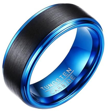 Calefee Ring Schlicht Herren Eheringe, Ring Herren Wolfram Verlobungsring Bandring Breit 8 mm Blau-Schwarz Matt Gebürstet, gr. 65