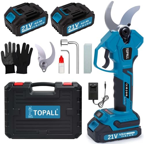 TOPALL Forbici Potatura a Batteria,40MM Forbice Potatura Elettriche Cesoie con 2 * 4000mAh Batteria | 800W Motore Senza Spazzole | Schermo LCD | Forbici Elettriche per Jardinage Pruning