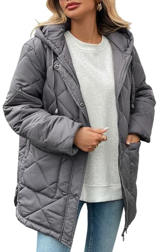 HOTIAN Steppjacke für Damen, mit Kapuze, langärmelig, durchgehender Reißverschluss, lässig, Winter, leicht, Diamantmantel mit Taschen