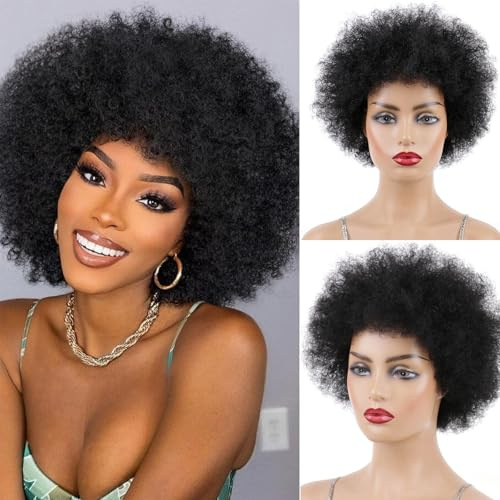 Short Afro Curly Wigs for Black Women Natural Looking Bouncy Curls 7 Inch Pixie Cut Wig Human Hair No Lace 1B Black Huge Fluffy Wear and Go