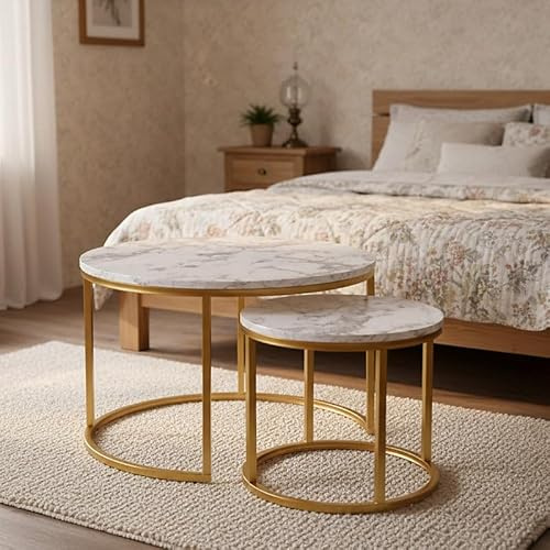 Agritrade AK PAOLA Set of 2 Contemporary Round Coffee Tables White Marble Golden
