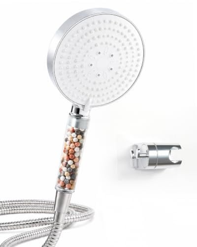 OFFO Pommeau de Douche avec Tuyau 1,6m Support, Filtre Visible | Pommeau de Douche Anti Calcaire 6 Modes, Poignée Transparente, Douchette Économie d'eau, Kit Douche Blanc Chrome