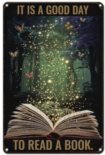 Hobbspring Leseschmetterling Metallschild Schimmernde Wand Zinnschild Kunst Bibliothek Garten Outdoor Clubs Buchhandlung Mysterienwald Wanddekoration Gemälde Ein Buch Lesen 20x30cm 1Stück