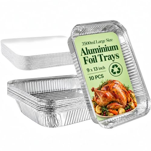 GilesEdward 10 Pack Large Aluminium Foil Trays with Paper Lids(32x21x5cm, 3500ml), Heavy Duty Roasting Pans & Deep Baking Tins, Rectangular Foil Containers for Oven Cooking, BBQ, Freezer, Meal Prep
