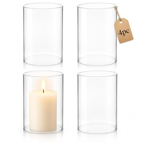Gadpiparty 4er Set Glaszylinder für Kerzen, Transparentes Windlicht Glas für Stumpenkerzen, Kerzenhalter Glas Zylinder, Ersatzglas Kerzenglashülle für Kerzenständer & Tischdeko, 10 x 7 cm
