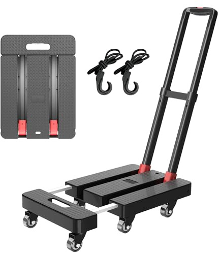 Folding Hand Truck, 500 LBS Heavy Duty Foldable Dolly Cart with Wheels, Telescoping Handle & 2 Elastic Ropes, Portable Luggage Cart for Moving, Travel, Home, Black Red