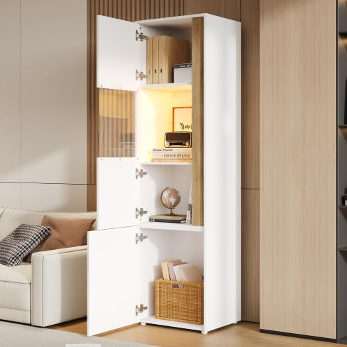 kowdom Acryl-Vitrine mit LED-Beleuchtung & 2 Türen, Hochschrank als Aufbewahrungsschrank für Wohnzimmer, Küche oder Büro, 50x40x179 cm, Weiß + Naturholz-Optik