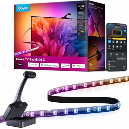 Govee LED TV Retroilluminazione 3 Doppia Telecamera, Striscia RGBWIC 3,6M | 4MP Doppia Telecamera, Sincro Schermo per 55-65 Pollici TV, 60 LED/m, Filtro AI, Comando App/Voce, Compatibile Matter/Alexa