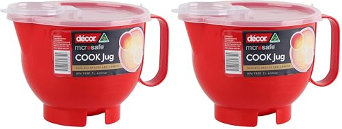 Décor Microsafe 2L Jug with Flip Cap Lid. Cooking, Reheating & Steaming in The Microwave. Safe Hold Handle and air Release Vent Feature. Dishwasher & Freezer Safe. BPA Free. Red. (Pack of 2)