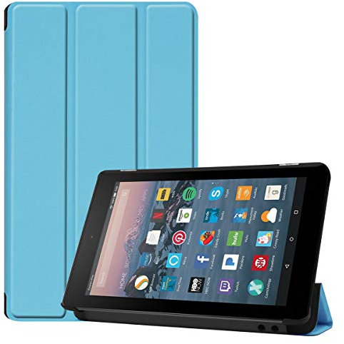 SATURCASE Case for Amazon Fire 7 2019 Released (9th Generation), PU Leather Flip Foldable Folio Stand Protective Tablet Cover with Auto Sleep/Wake Function (Sky Blue)