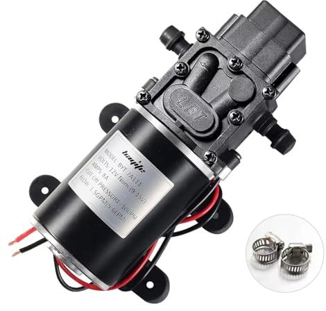 bayite 12V Diaphragm Water Pump, 1.5 GPM (5.6 L/Min) 100 PSI, 12 Volt DC Fresh Water Pump with 2 Hose Clamps, Self Priming Sprayer Pump with Pressure Switch Adjustable for RV Camper Marine Boat Lawn