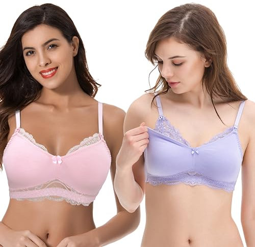 Curve Muse Soutien-Gorge Allaitement Grande Taille en Coton sans Doublure Ni Armatures avec Finitions en Dentelle -Rose, Lavande-95E
