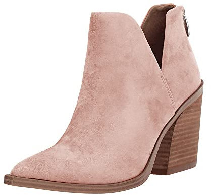 FISACE Damen-Stiefeletten mit spitzem Zehenbereich, gestapelt, mittelhoher Absatz, V-Ausschnitt, Reißverschluss, Kunstleder, Rosa Wildleder, 39 EU