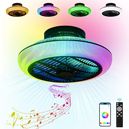 VOMI LED Dimmable Ceiling Fan with Lights RGB Color Changing Silent Ceiling Light with Fans and Bluetooth Speaker Remote Control Timing Ceiling Fan with Lamps Hidden Blade for Bedrooms Dining Room