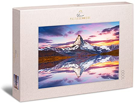 Ulmer Puzzleschmiede - Puzzle „Matterhorn“ - Klassisches 1000 Teile Berg-Puzzle – Das schneebedeckte Horu im Spiegel des See-Wassers - beeindruckende Landschaft der Walliser Alpen, Zermatt, Schweiz