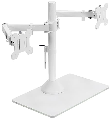 VIVO Freestanding Dual Monitor Stand with Sleek Glass Base and Adjustable Arms, Mounts 2 Screens up to 32 inch and 22 lbs Each, White, STAND-V002FGW