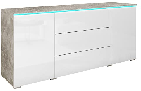 Kommode Doppo 150 mit 3 Schubladen und 2 Türen, Griffloses Öffnungssystem, Anrichte, Sideboard, Highboard, Mehrzweckschrank, Wohnzimmer (Beton Smart/Weiß Hochglanz, mit weißer LED Beleuchtung)