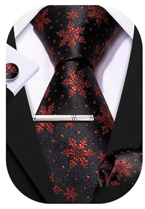 Barry.Wang Herren-Krawatten-Set, modische Seidenkrawatte, Einstecktuch, Manschettenknöpfe, Clip, 4 Stück, Festival, Schneeflocke, Weihnachten, Schwarz / Orange, Einheitsgröße