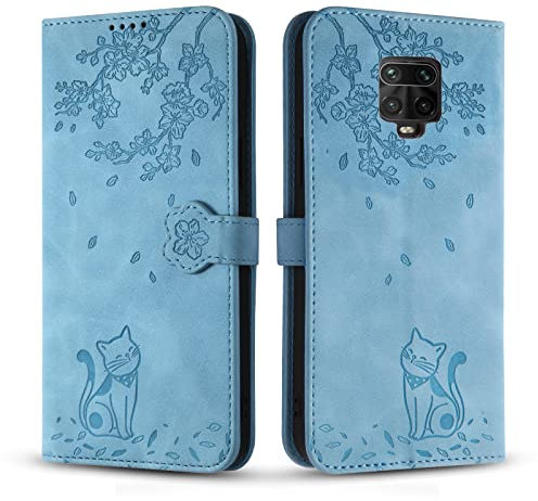 Vaitasy Premium PU Leder Hülle mit Magnetischer Ständerfunktion für Xiaomi Redmi Note 9S/ Note 9 Pro 4G - Blau Katze