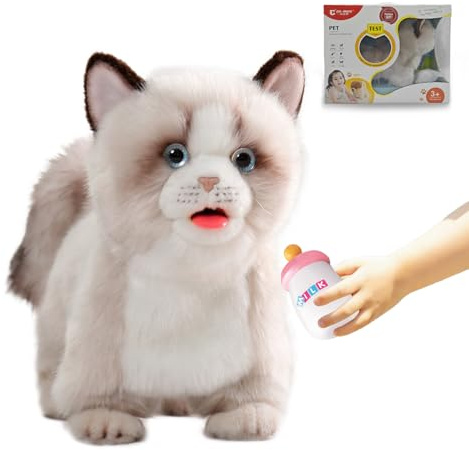 CU-MATE Electronic Walking Cats, Realistic Interactive Pet Toy, Walking, Barking,Wagging Tail & Talking, Gifts for Boys and Girls (Electric ragdoll cat)