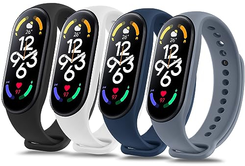 Vancle 4PACK Armbands für Xiaomi Mi Band 7 Armband für Damen Herren,Silikon Sport Weiches Ersatzarmband Uhrenarmband für Xiaomi Mi Band 7(Schwarz/Weiß/Navy blau/Blaugrau)