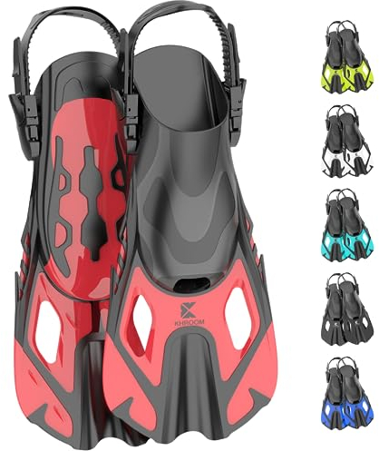 Khroom Schnorchelflossen verstellbar für Kinder Damen Herren | Kurze Tauchflossen & Flippers zum Schnorcheln Schwimmen Tauchen | leichte Schwimmflossen für Urlaub & Pool (Rot 32-36)
