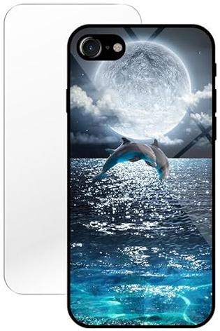 KARTXITAI Hülle Kompatibel mit iPhone SE 2020/8/7,Stoßfest Hybrid Schutzhülle [TPU Silikon Bumper+Glas Rückseite] mit Delphin Seewasser Motiv Handyhülle Cover+Glas Displayschutz