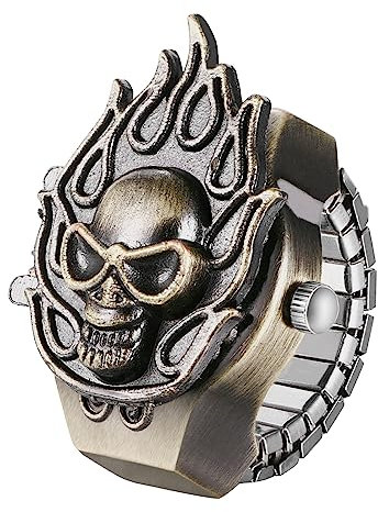 JewelryWe Ringuhr Fingeruhr Herren Totenkopf - Bronze Gotik Flammenschädel Flamme Schädel Analog Quarz Elastisch Edelstahl Ring Uhr Männer Fingerringuhr Uhrenring für Halloween Vatertag
