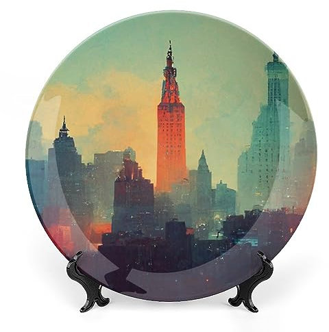 Plaques décoratives de peinture de paysage urbain de New York - Assiettes décoratives en céramique - Cadeaux de mariage - Assiettes de dîner pour salon, cuisine, couloir, table d'appoint - Cadeaux