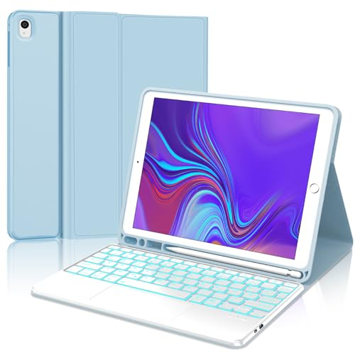 SENGBIRCH iPad 9. Generation Hülle mit Tastatur - iPad 10.2 Taststur 9/8/7. Generation mit Touchpad,7 Lichtfarben, Soft TPU Gehäuse Schutzhülle mit Pencil Halter, QWERTZ Layout mit Touchpad