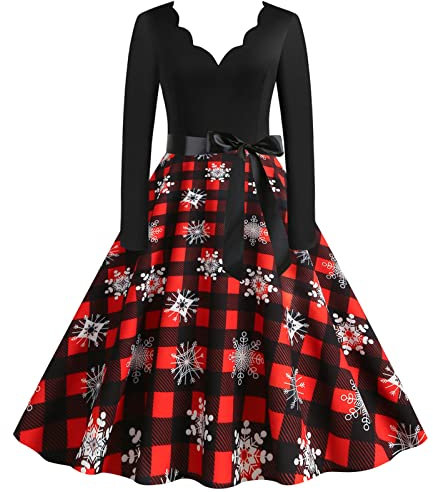 Robe De Noël Pour Femme Impression Wapiti Décontractée Vintage Rétro Année 50s Pin-Up Rockabilly Swing À Pois Chic Costume Mère Noël