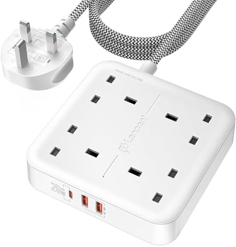 LENCENT Extension Lead with 4 Way Outlets, 3250W 13A Power Strip, PD 20W USB-C and 2 USB-A QC 3.0, 1.8M Braided Extension Cord, Multi Power Plug Extension for Home and Office, White