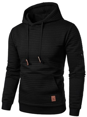 HOOD CREW Men’s Long Sleeve Pullover Hooded Jacquard Sweatshirt Plaid Hoodie with Pocket