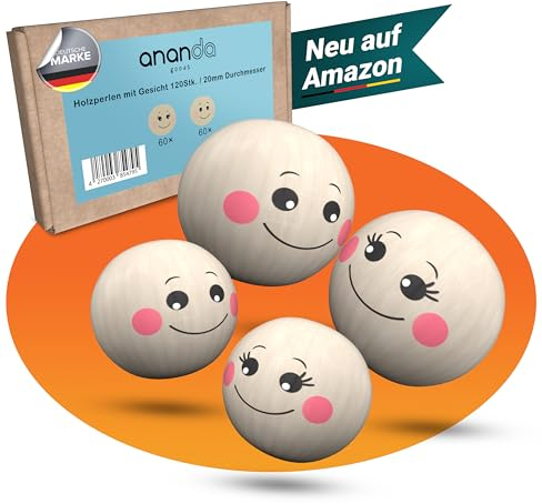 Ananda Goods 120 Holzperlen mit Gesicht – 20mm Holzkugeln mit weiblichen & männlichen Motiven – Ideal für Sorgenwürmchen, DIY Schlüsselanhänger, Glücksbringer, Bastelspaß & Kinderprojekte
