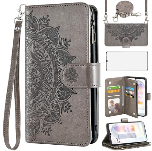 Asuwish Mobile Phone Case for LG Velvet 5G/4G Case with Strap and Screen Protector Card Slot Foldable Leather Flowers Wallet Stand LMG910EMW LM-G910EMW Zip Cases Protective Phone Case Grey