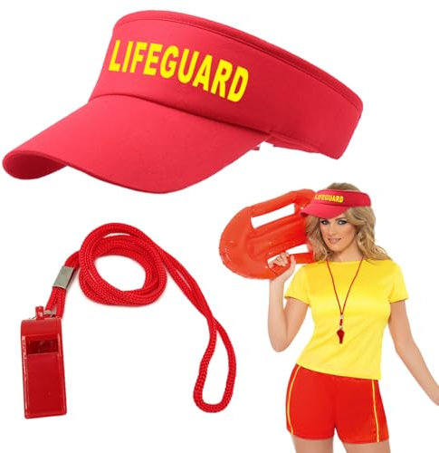 EUPSIIU 2 Stück Lifeguard Set Fasching Kostüm Karneval Verkleidung Rettungschwimmer, Rot Lifeguard Visor Cap Herren Damen Kostüm Mit Kunststoff-Sportpfeifen für Rettungsschwimmer Trainer