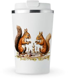 MAXIKIWI Isolierter doppelwandiger, auslaufsicherer Edelstahlbecher, Kaffee- oder Tee-Reisebecher mit Deckel, hält Getränke heiß und kalt, Eichhörnchen, die Schach spielen, 350 ml