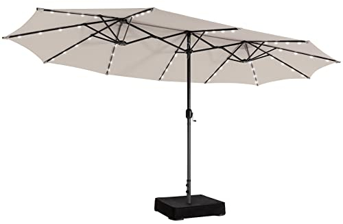 GOPLUS Doppelsonnenschirm mit LED Beleuchtung, UV 50+, Sonnenschirm mit Ständer, Balkonschirm groß 470 x 280 cm, Gartenshirm mit Kurbel & 12 Rippen, Marktschirm Tischschirm oval (Beige,Mit Ständer)